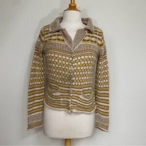 Sol Women's Golden Tan Honeycomb Stripe Alpaca Wool Button Knit Cardigan Size S
